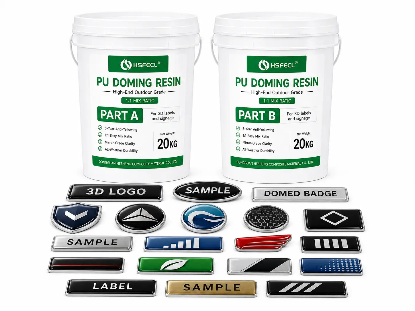 1:1 clear PU doming resin application for premium outdoor labels, emblems and signage