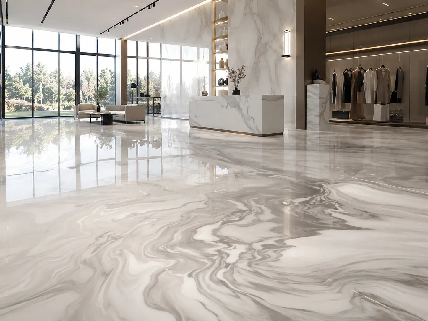 Transparent epoxy surface over a metallic swirl decorative flooring effect