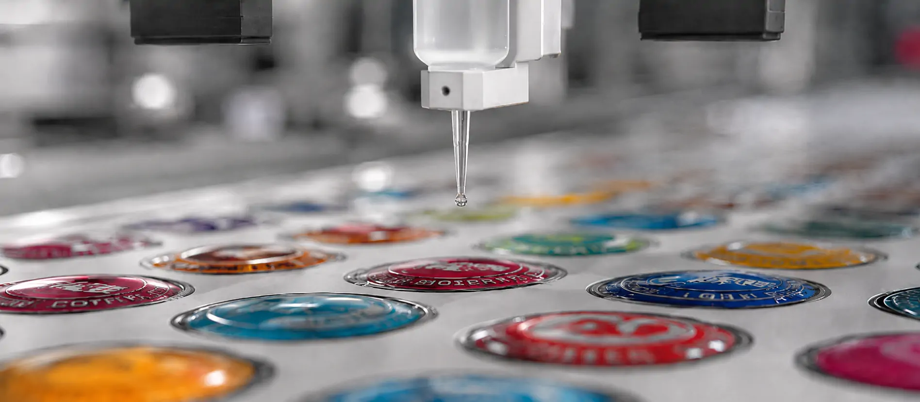 Automatic epoxy doming resin dispensing onto printed label sheets during batch production