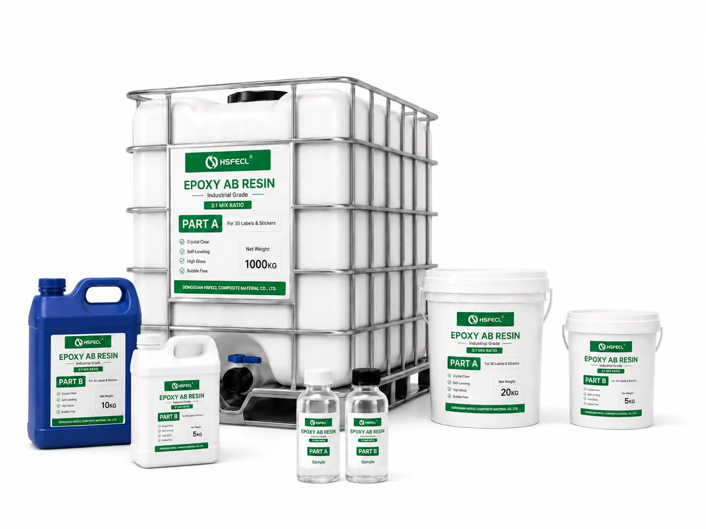 HSFECL epoxy resin systems in bulk drums, pails, jerrycans and sample packaging for industrial B2B supply