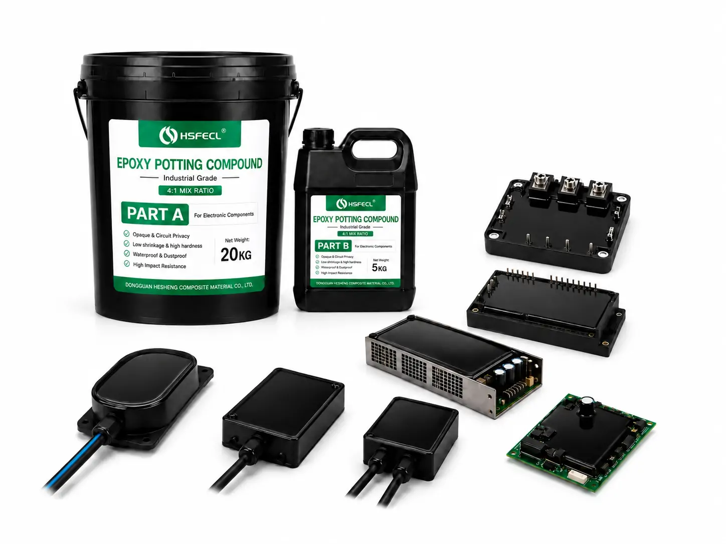 5:1 black epoxy potting compound product packaging for PCB encapsulation, LED modules and sensors