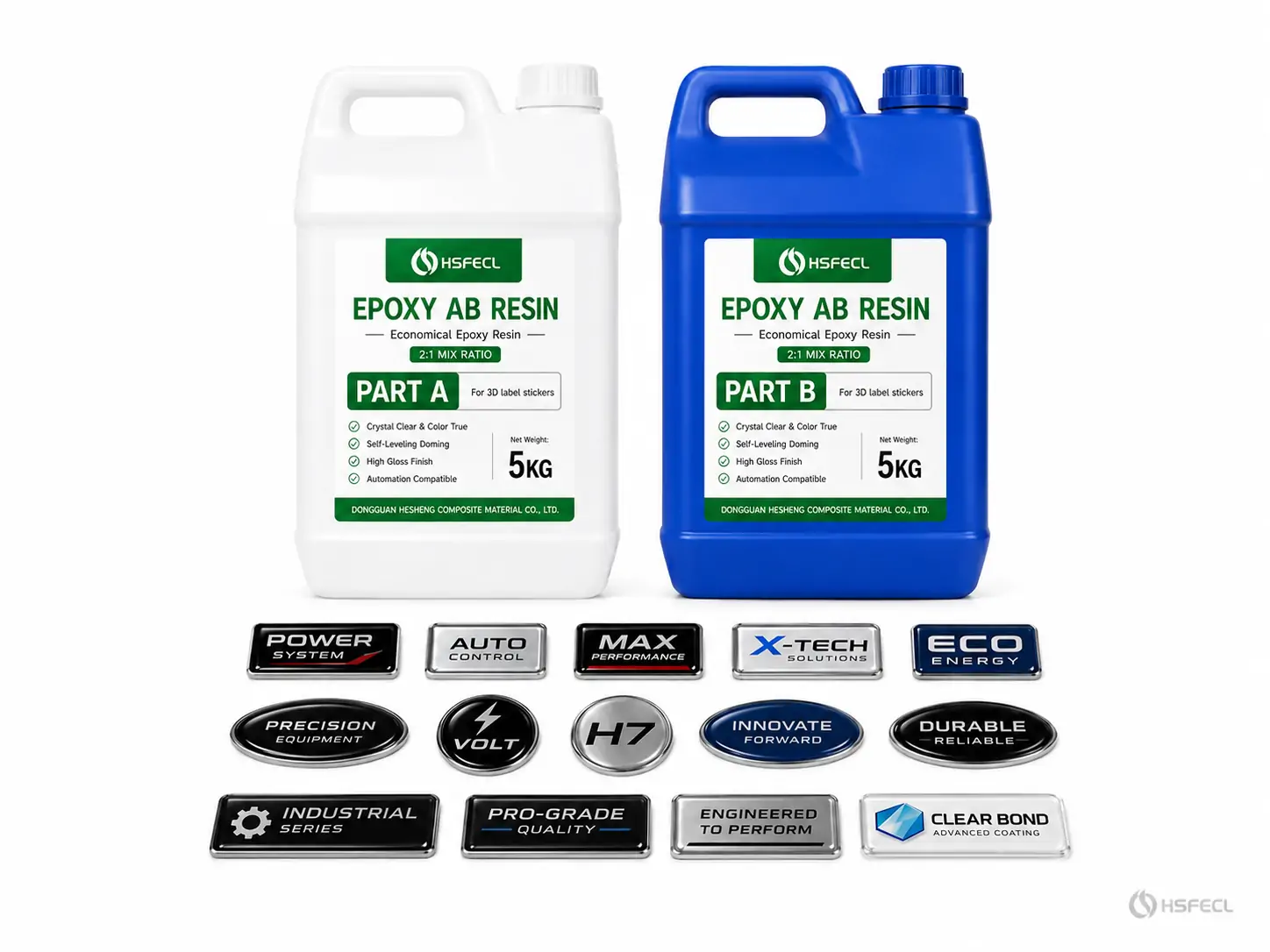Clear epoxy doming resin product packaging for domed labels, 3D stickers and dimensional product production